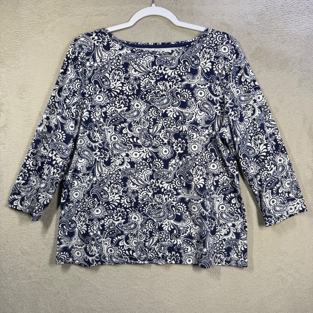 Talbots Paisley Top Womens XLp Navy White 3/4 Sleeve Floral Cotton Blend Stretch